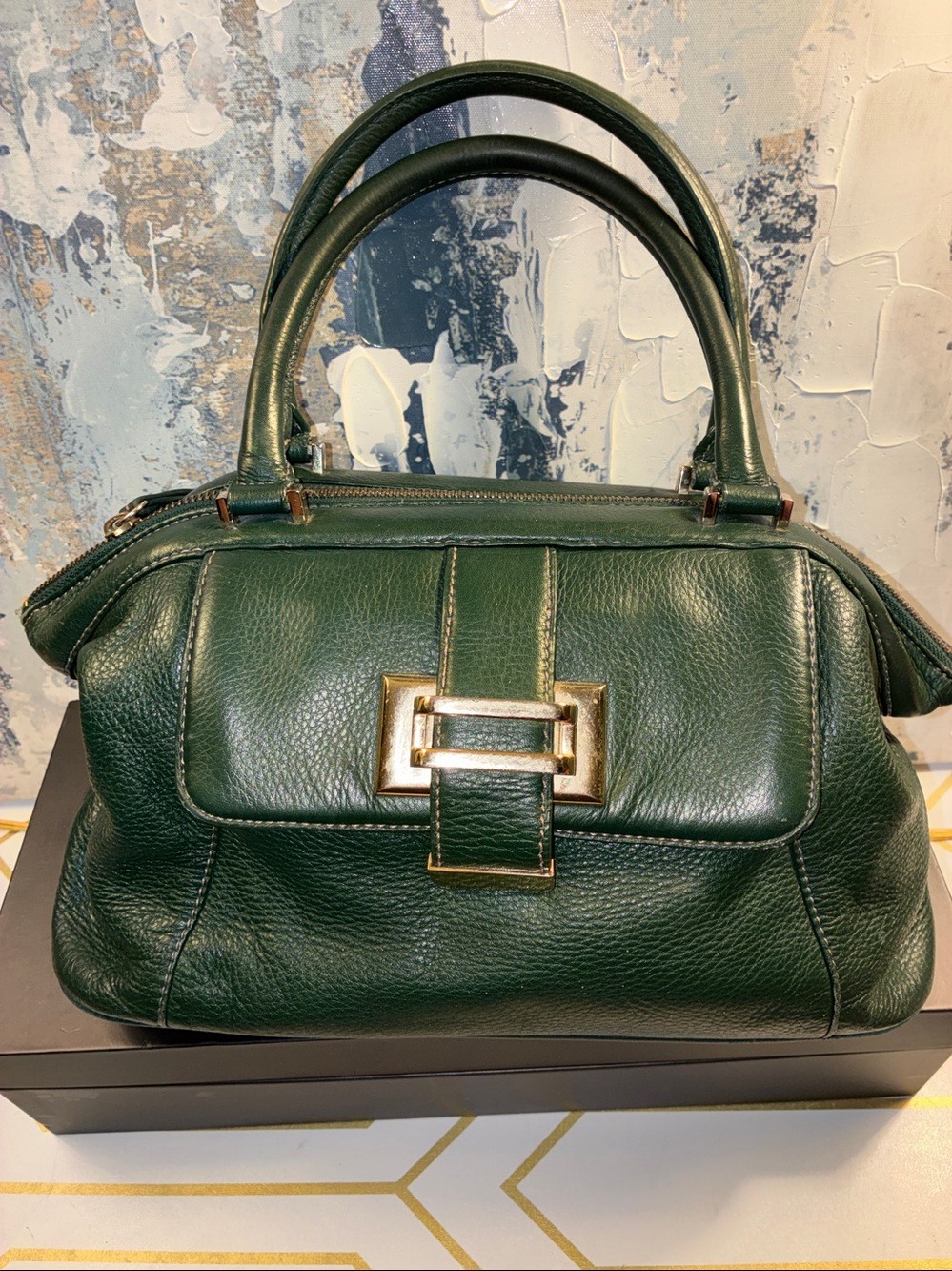 Vintage Liz Claiborne Dark Green Leather Top-Handle Satchel with Gold Hardware - Picture 14 of 15